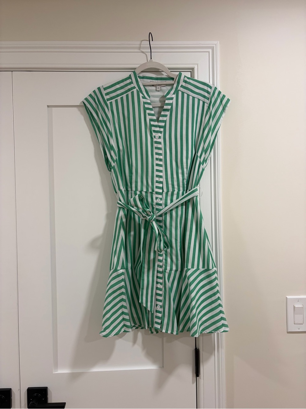 Green & White Striped Tie-Waist Mini Dress